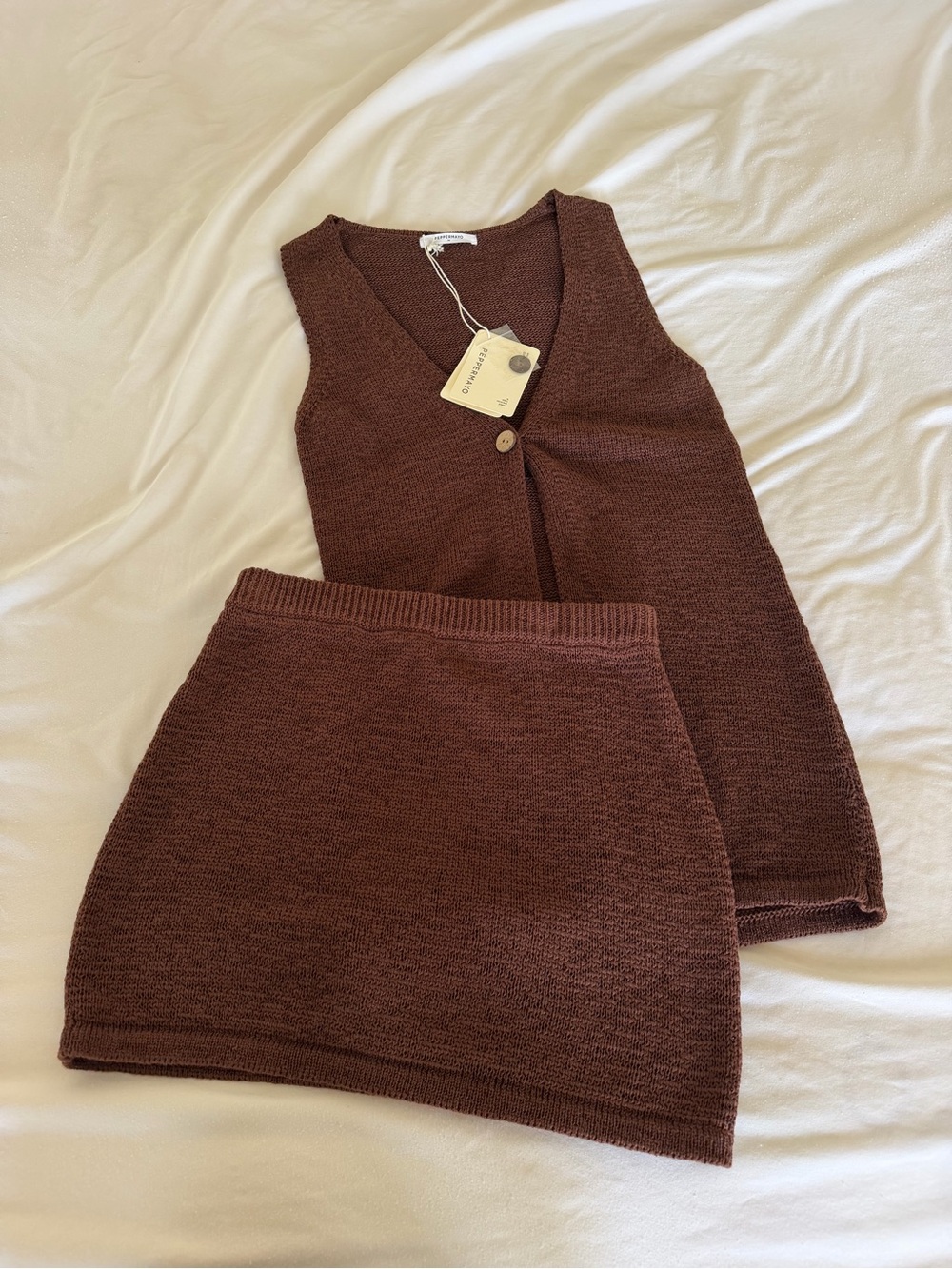 Peppermayo Brown Knit Mini Skirt with Matching Vest